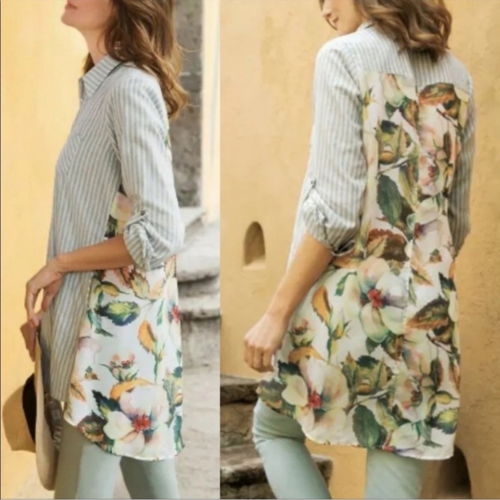 Soft Surroundings Bohemian Striped Floral Pullover Women Collared Shirt Size PXL